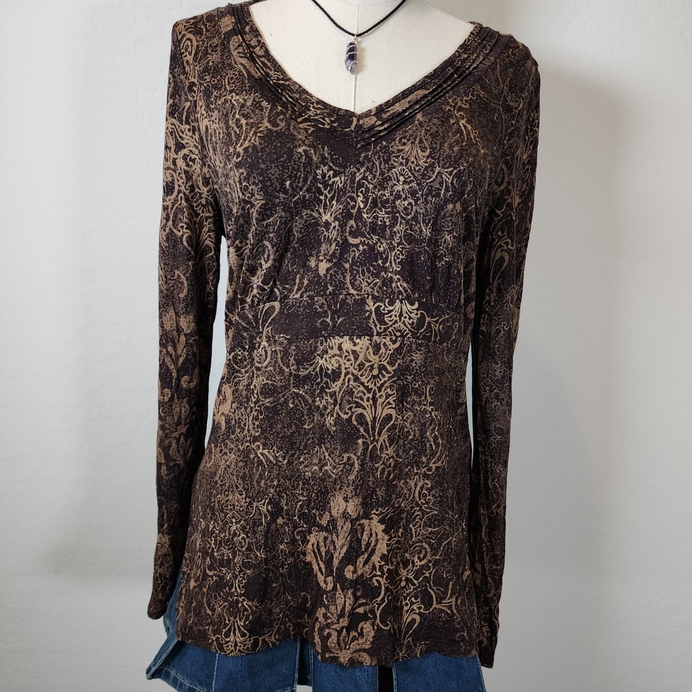 Calvin‎ Klein Jeans XL Brown Gold Paisley Long Sleeve Fitted Top Blouse